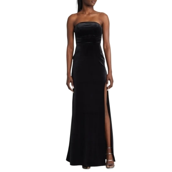 Next/up Black Velvet Strapless Maxi Dress with Slit NWT - Picture 1 of 11